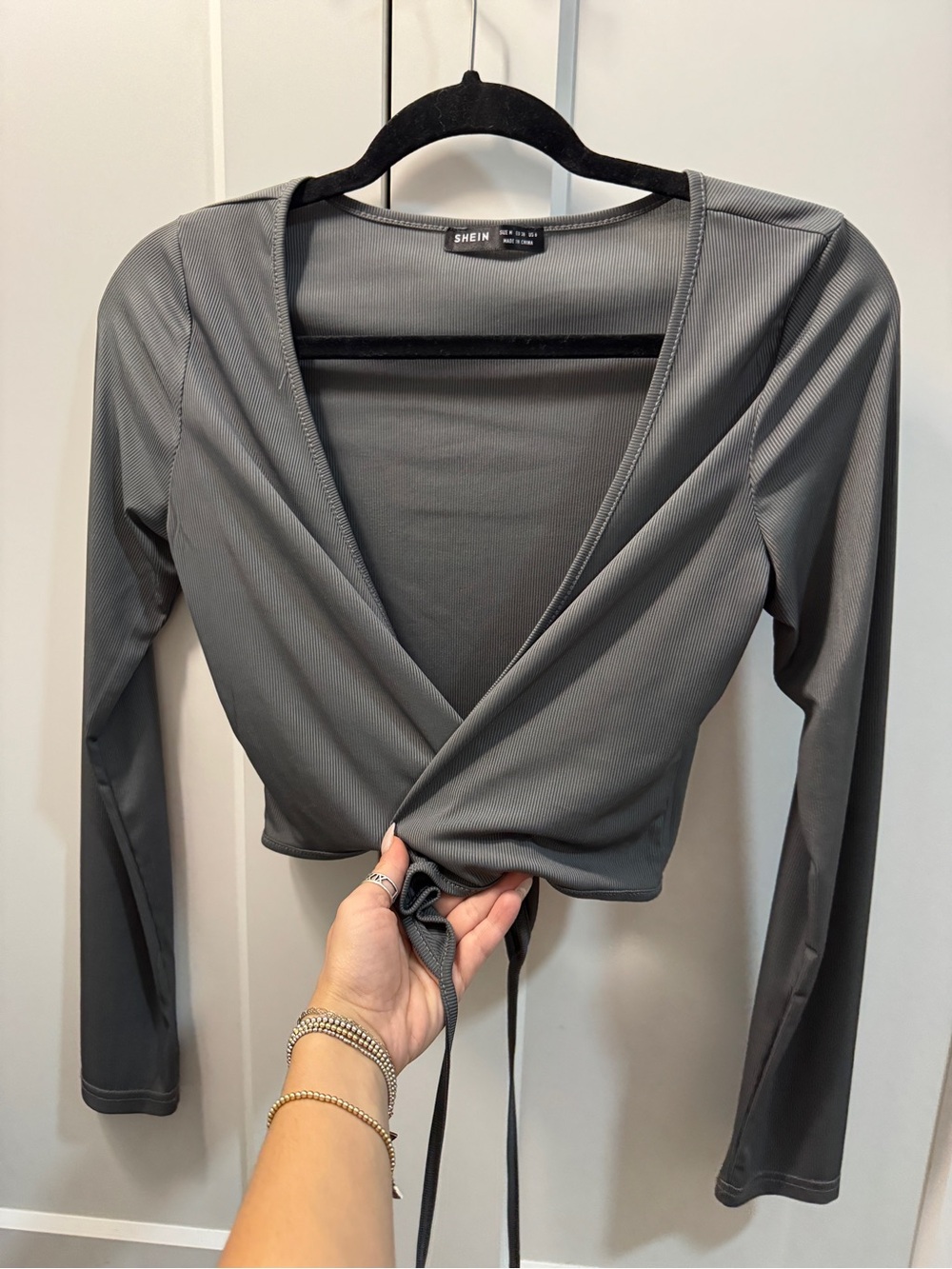 SHEIN Charcoal Ribbed Wrap Long-Sleeve Crop Top